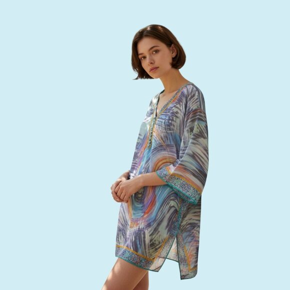 Eres Dresses & Skirts - Eres Printed Mini Dress Women's Size Medium Blue Shift 3/4 Sleeve V-neck Tunic